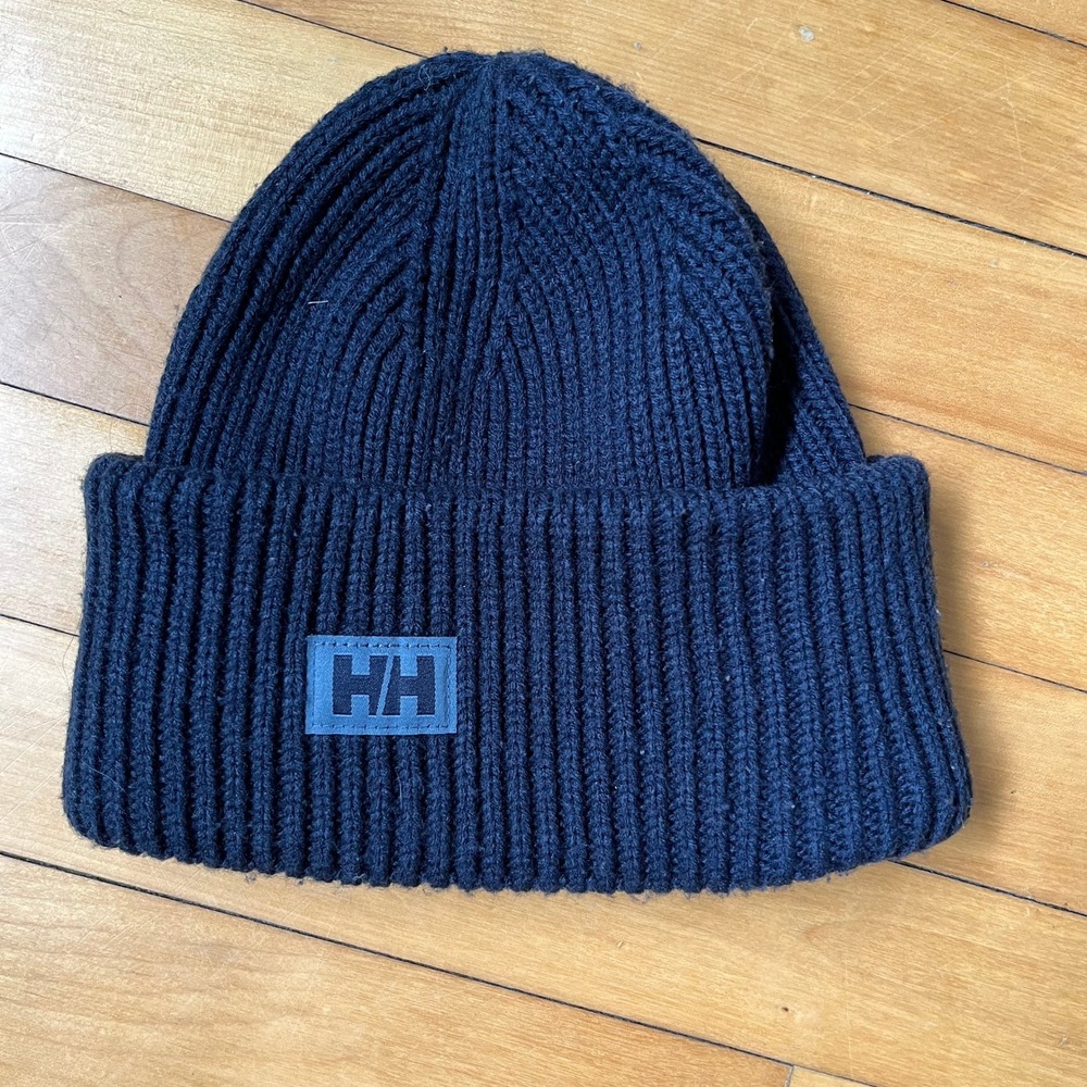 Helly Hansen Navy Blue Ribbed Knit Beanie HH Logo Fisherman Hat One Size